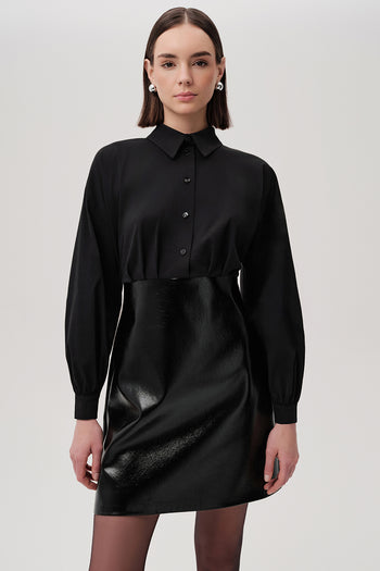 Gömlek Yaka Eteği Deri Slim Fit Mini Siyah Elbise