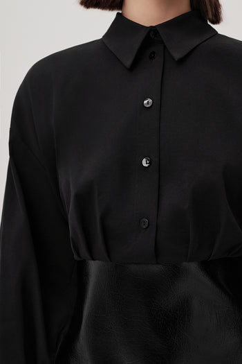 Gömlek Yaka Eteği Deri Slim Fit Mini Siyah Elbise