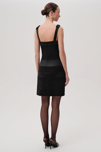 Kalın Askılı Slim Fit Saten Garnili Mini Siyah Elbise