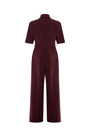 Kısa Kollu Fermuarlı Slim Fit Gömlek Yaka Vişne Tulum