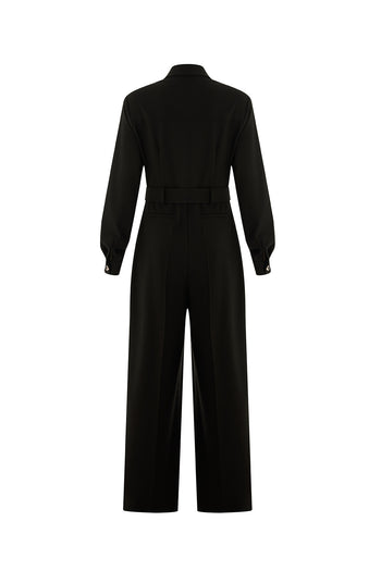 Uzun Kollu Ceket Yaka Cepli Kemerli Slim Fit Siyah Tulum