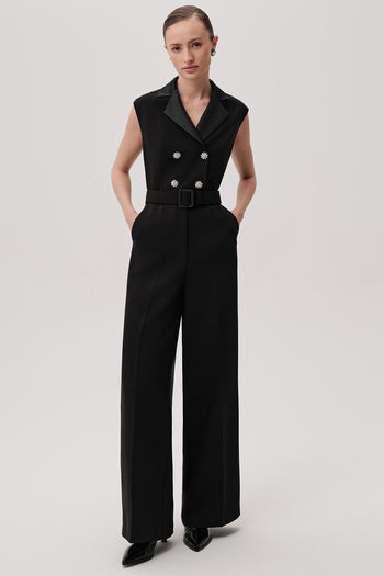Kolsuz Kemerli Slim Fit Geniş Paça Siyah Tulum