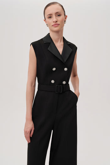 Kolsuz Kemerli Slim Fit Geniş Paça Siyah Tulum