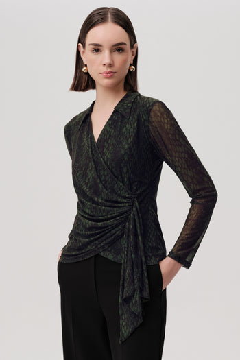 Yılan Desenli Kruvaze Uzun Kollu Slim Fit Tül Yeşil Bluz