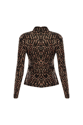 Leopar Desenli Boğazlı Slim Fit Uzun Kollu Örme Bluz