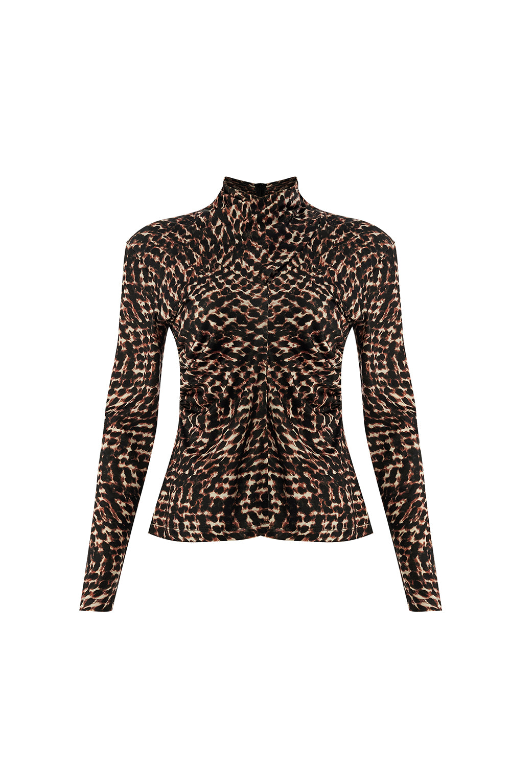 Leopar Desenli Boğazlı Slim Fit Uzun Kollu Örme Bluz