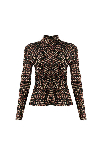 Leopar Desenli Boğazlı Slim Fit Uzun Kollu Örme Bluz