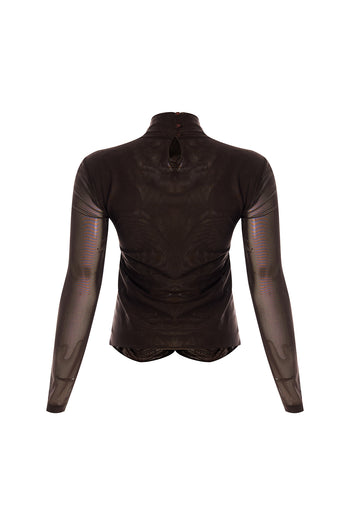 Boğazlı Drapeli Uzun Kollu Slim Fit Kahve Tül Bluz