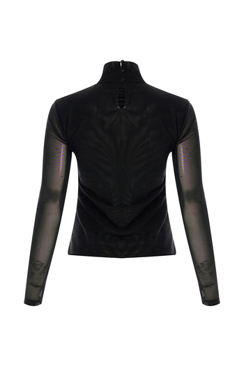 Boğazlı Drapeli Uzun Kollu Slim Fit Siyah Tül Bluz