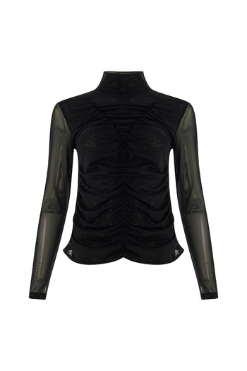 Boğazlı Drapeli Uzun Kollu Slim Fit Siyah Tül Bluz
