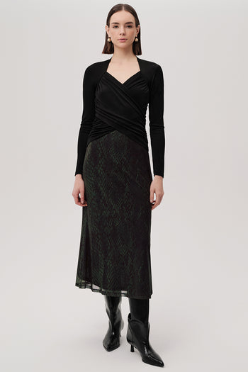 Kruvaze Yaka Drapeli Uzun Kollu Slim Fit Örme Siyah Bluz