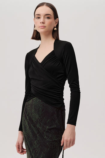 Kruvaze Yaka Drapeli Uzun Kollu Slim Fit Örme Siyah Bluz