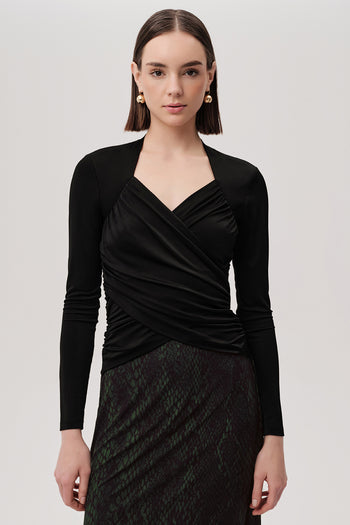 Kruvaze Yaka Drapeli Uzun Kollu Slim Fit Örme Siyah Bluz