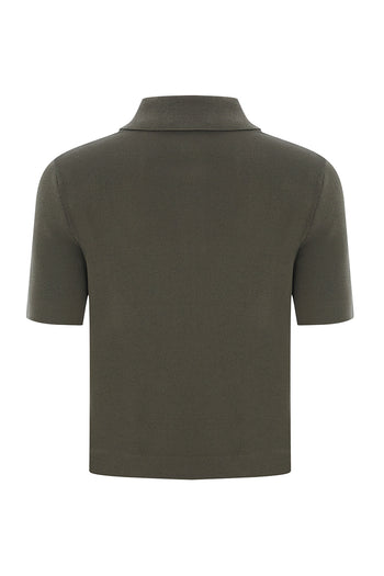 Gömlek Yaka Düğmeli Kısa Kollu Slim Fit Haki Triko Bluz
