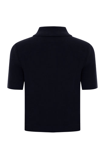 Gömlek Yaka Düğmeli Kısa Kollu Slim Fit Siyah Triko Bluz