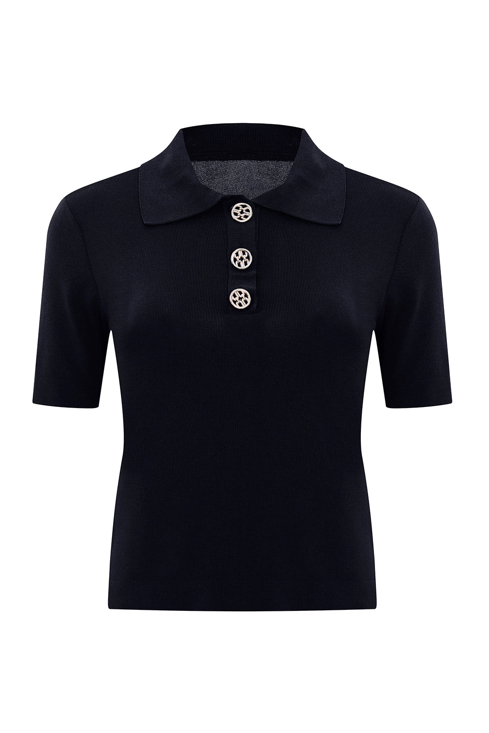 Gömlek Yaka Düğmeli Kısa Kollu Slim Fit Siyah Triko Bluz