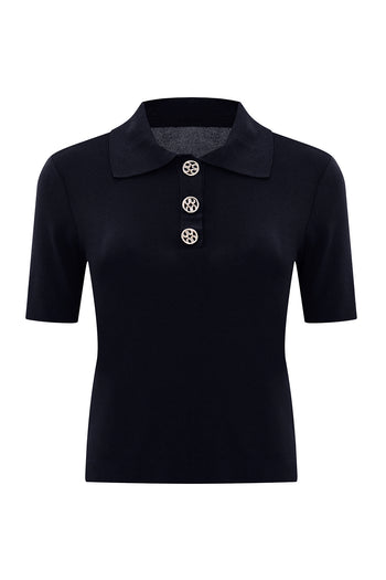 Gömlek Yaka Düğmeli Kısa Kollu Slim Fit Siyah Triko Bluz