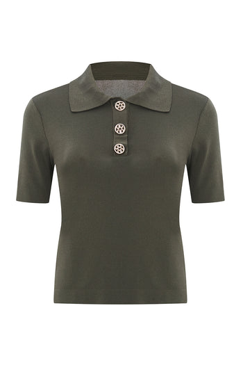 Gömlek Yaka Düğmeli Kısa Kollu Slim Fit Haki Triko Bluz