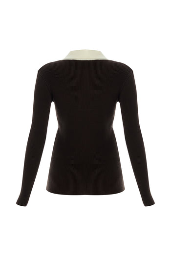 Uzun Kollu Kontrast Yaka Slim Fit Triko Kahve Bluz