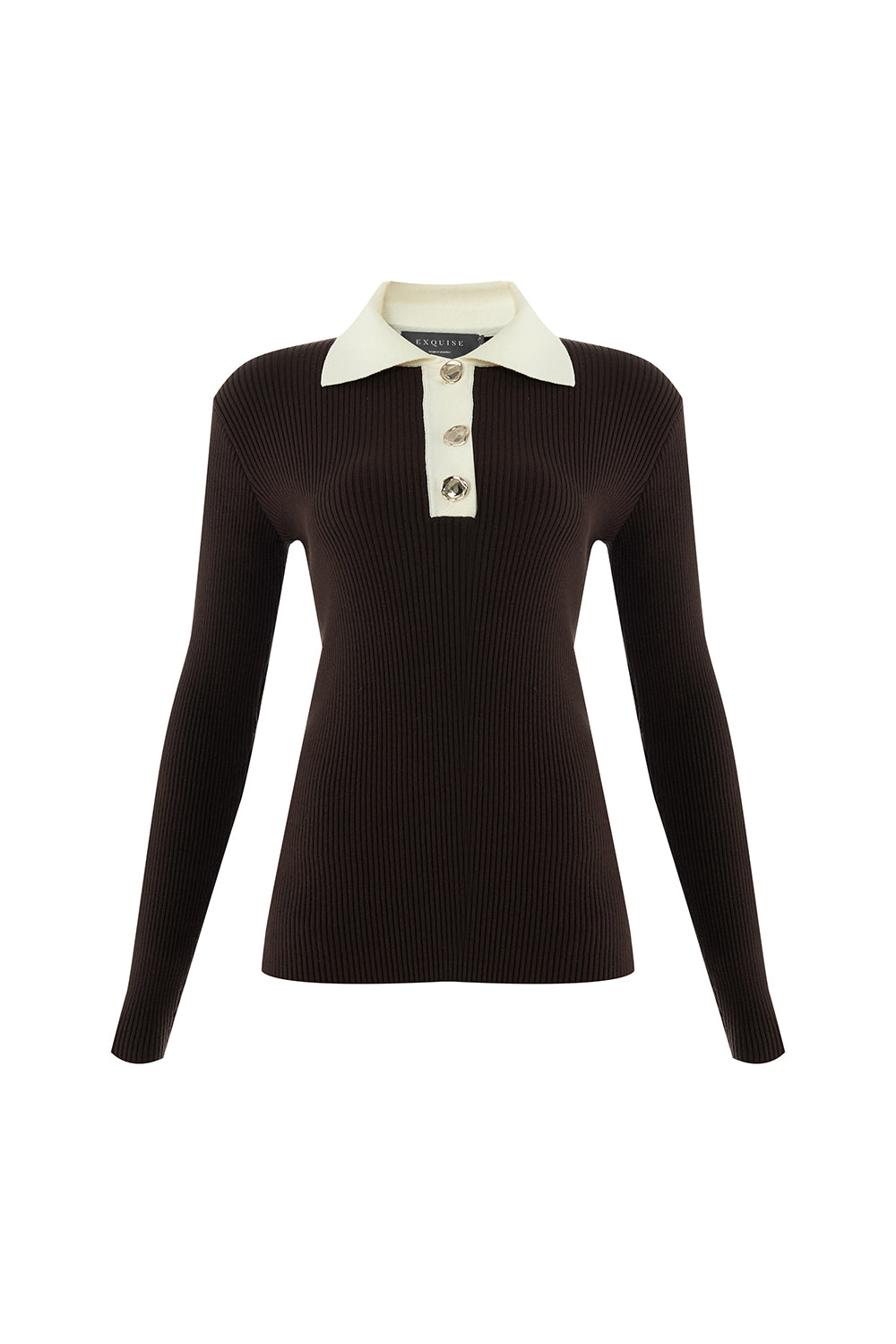 Uzun Kollu Kontrast Yaka Slim Fit Triko Kahve Bluz