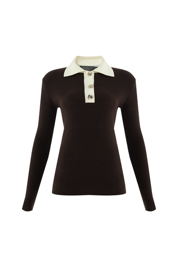 Uzun Kollu Kontrast Yaka Slim Fit Triko Kahve Bluz