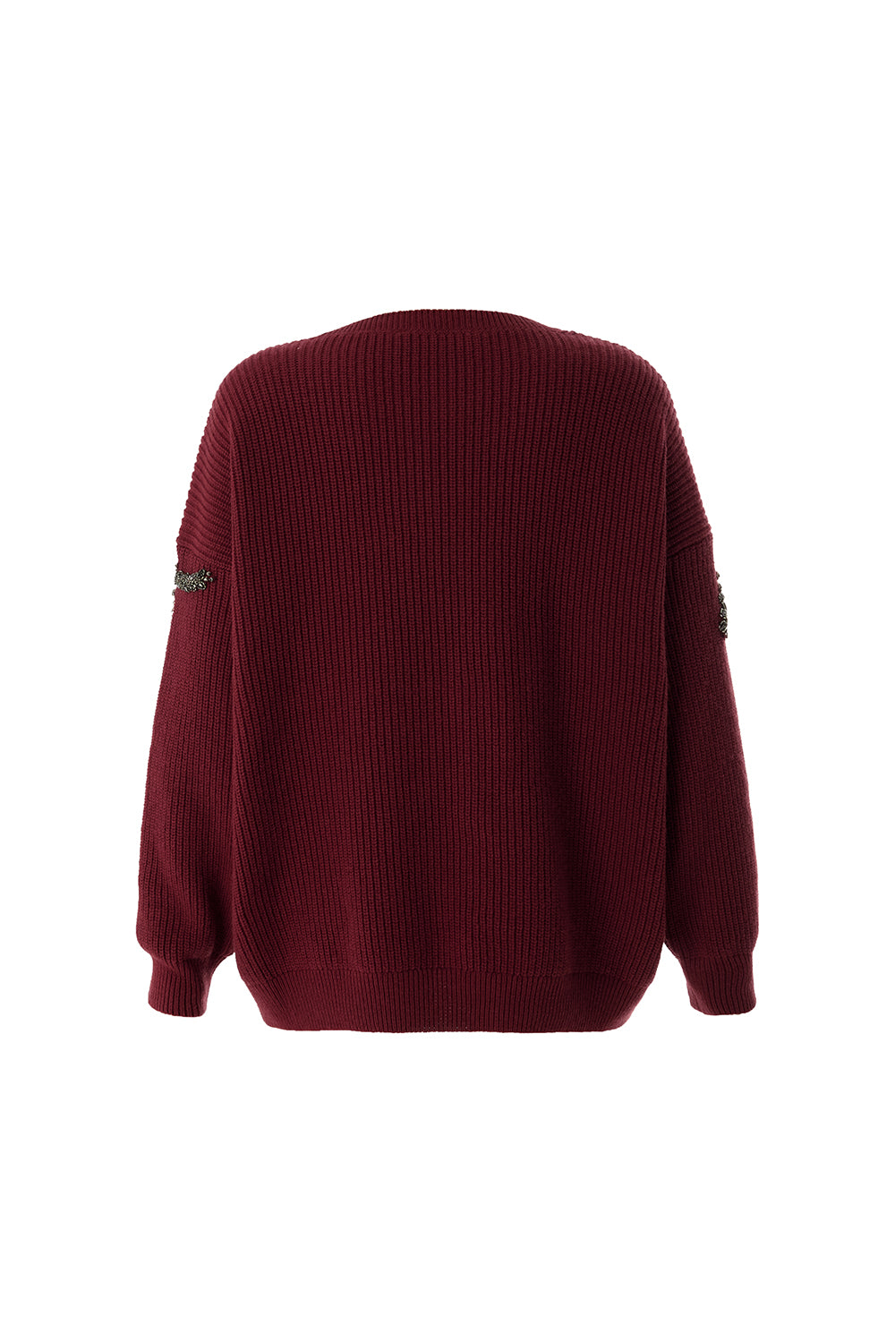 Bisiklet Yaka Taş İşlemeli Uzun Kollu Oversize Vişne Triko Bluz