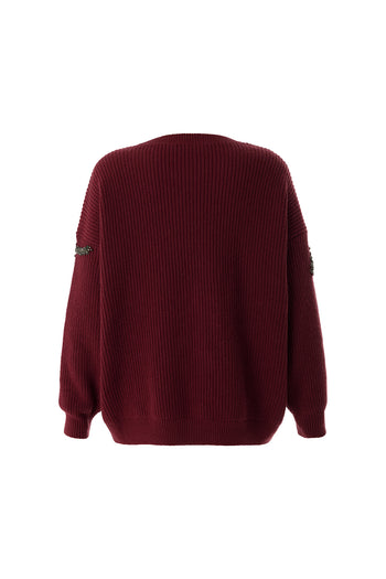 Bisiklet Yaka Taş İşlemeli Uzun Kollu Oversize Vişne Triko Bluz
