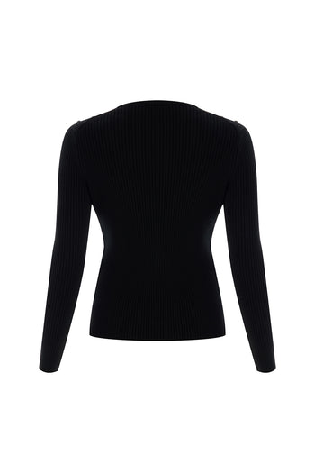 Bisiklet Yaka Uzun Kollu Düğme Detaylı Slim Fit Triko Siyah Bluz