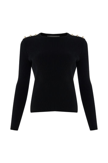 Bisiklet Yaka Uzun Kollu Düğme Detaylı Slim Fit Triko Siyah Bluz