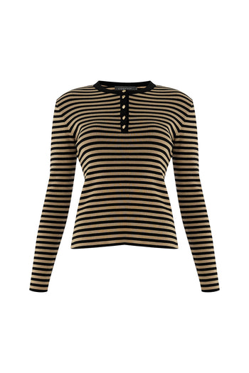 Bisiklet Yaka Çizgili Uzun Kollu Slim Fit Triko Siyah Camel Bluz