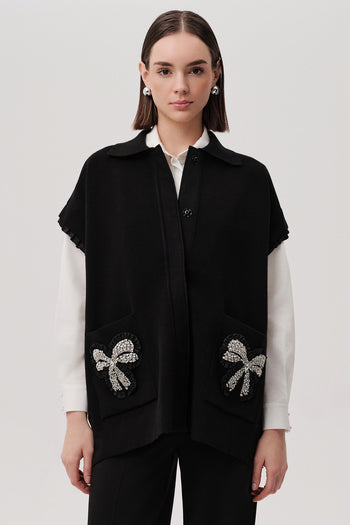 Cepleri Taşlı Gömlek Yaka Oversize Triko Siyah Yelek