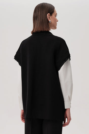 Cepleri Taşlı Gömlek Yaka Oversize Triko Siyah Yelek