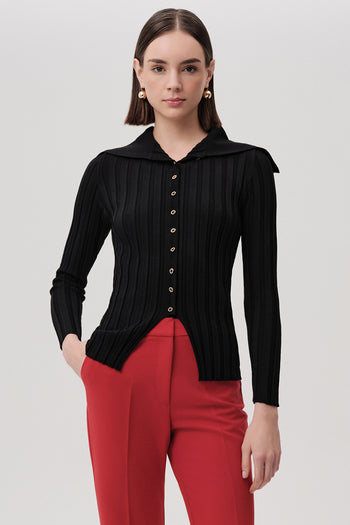 Şal Yaka Düğmeli Uzun Kollu Triko Regular Siyah Hırka