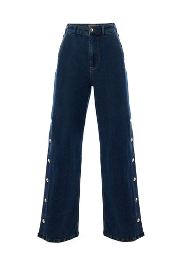 Yanları Çıt Çıtlı Cepli Geniş Paça Regular Denim İndigo Pantolon