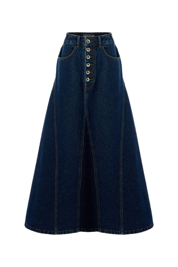 Pamuklu Cepli Denim Regular Midi İndigo Etek