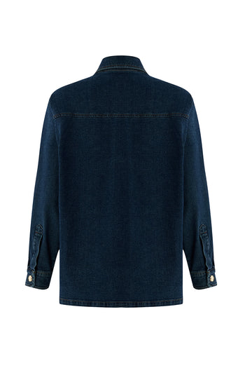 Metal Düğme Detaylı Regular Cepli Denim İndigo Ceket
