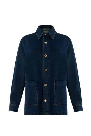 Metal Düğme Detaylı Regular Cepli Denim İndigo Ceket
