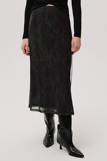 Yılan Desenli Slim Fit Tül Midi Yeşil Etek