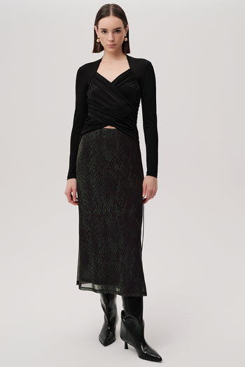 Yılan Desenli Slim Fit Tül Midi Yeşil Etek