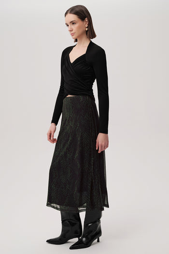 Yılan Desenli Slim Fit Tül Midi Yeşil Etek