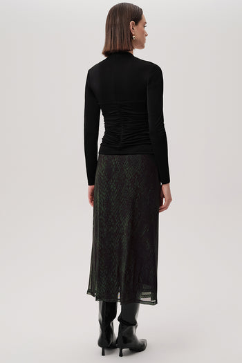 Yılan Desenli Slim Fit Tül Midi Yeşil Etek