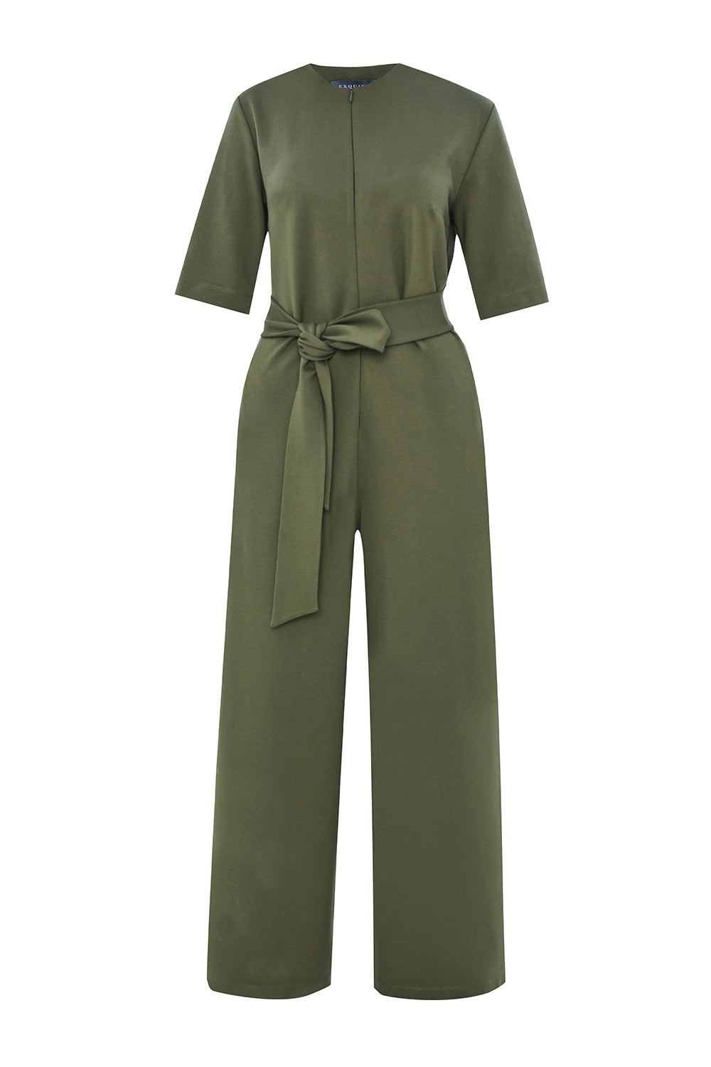 Kuşaklı Kısa Kollu Fermuar Kapamalı Örme Slim Fit Haki Tulum