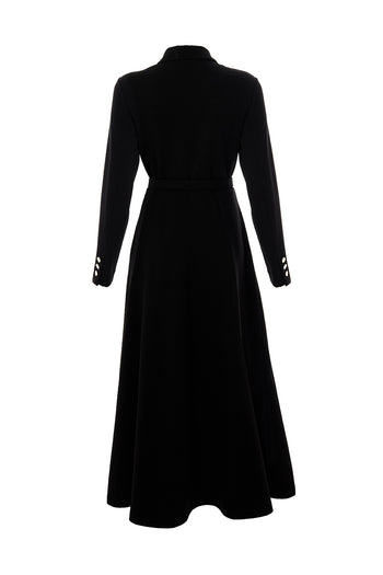 Kemerli Gömlek Yaka Cepli Slim Fit Midi Siyah Örme Elbise
