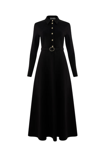 Kemerli Gömlek Yaka Cepli Slim Fit Midi Siyah Örme Elbise