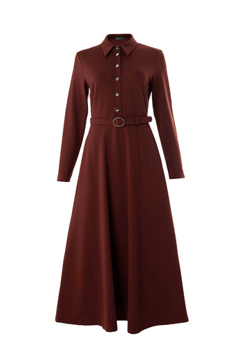 Kemerli Gömlek Yaka Cepli Slim Fit Midi Taba Örme Elbise