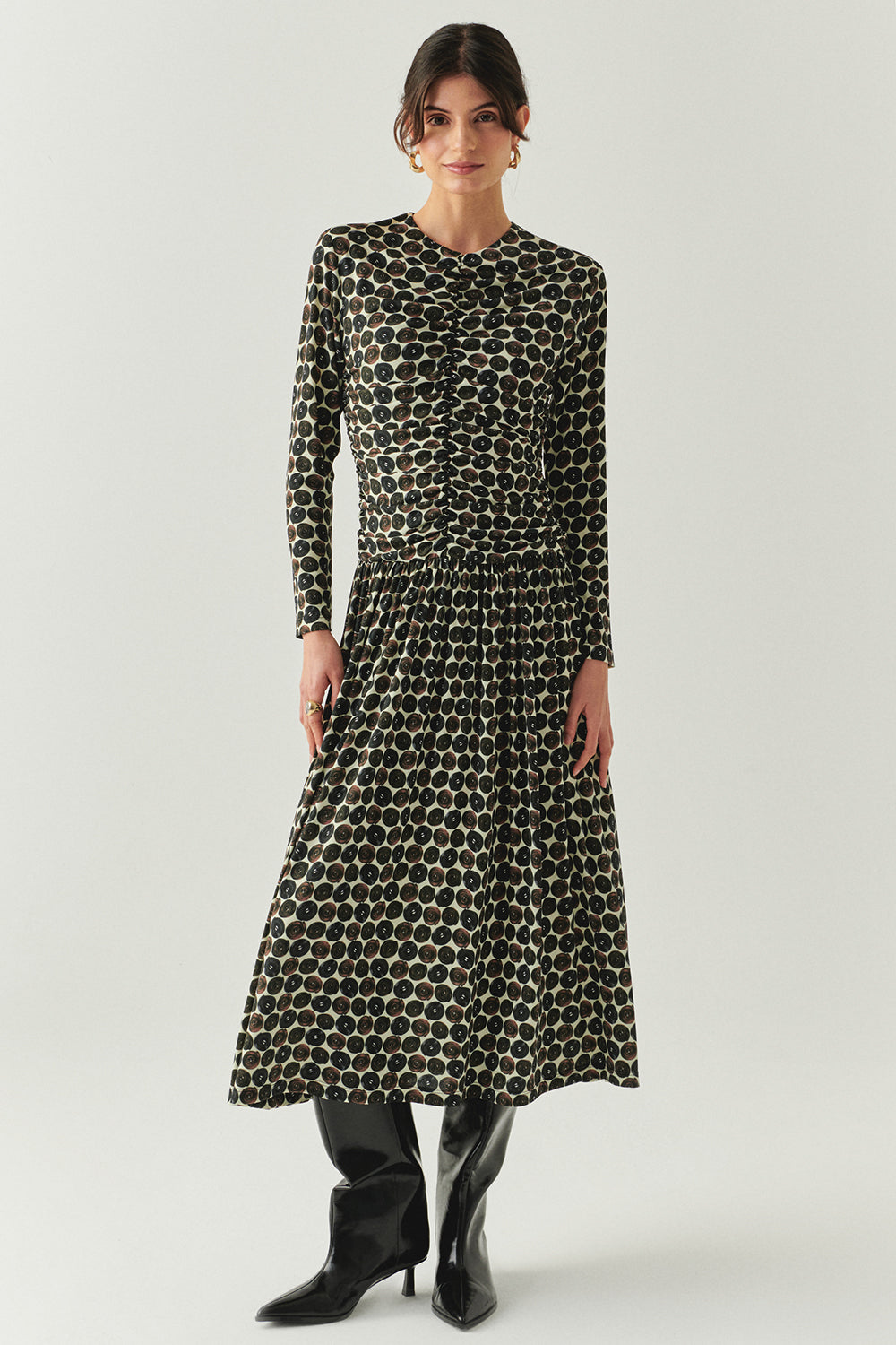 Bisiklet Yaka Uzun Kollu Drapeli Slim Fit Örme Midi Çok Renkli Elbise