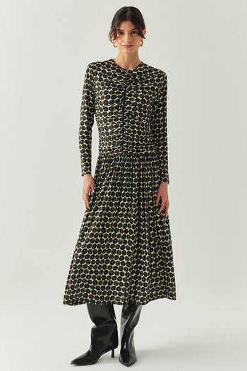 Bisiklet Yaka Uzun Kollu Drapeli Slim Fit Örme Midi Çok Renkli Elbise