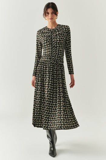 Bisiklet Yaka Uzun Kollu Drapeli Slim Fit Örme Midi Çok Renkli Elbise