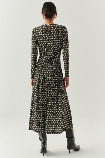 Bisiklet Yaka Uzun Kollu Drapeli Slim Fit Örme Midi Çok Renkli Elbise