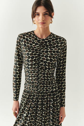 Bisiklet Yaka Uzun Kollu Drapeli Slim Fit Örme Midi Çok Renkli Elbise